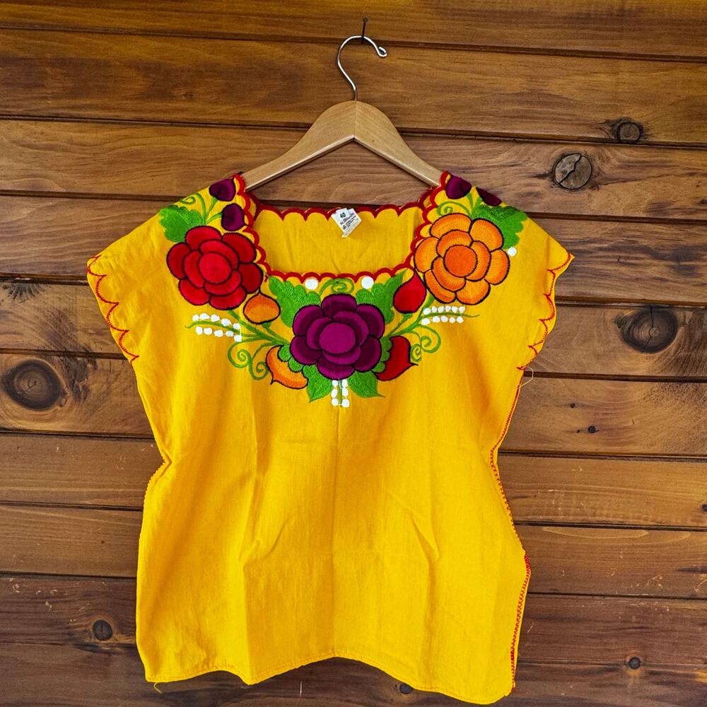 VINTAGE | Mexican Yellow Huipil Embroidered Boho Festival Cotton Blouse Top M